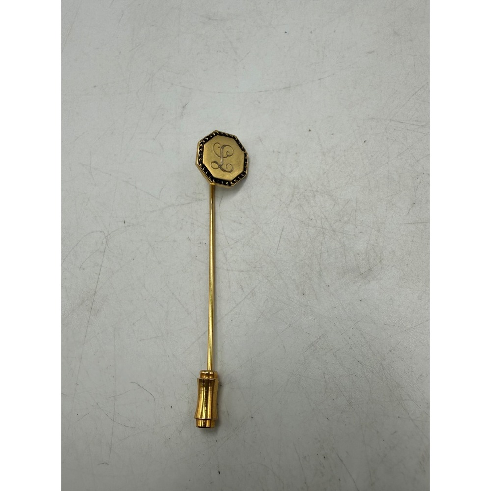 Vintage Gold Tone Engraved Initial L Octagon Stick Pin Black Enamel Border